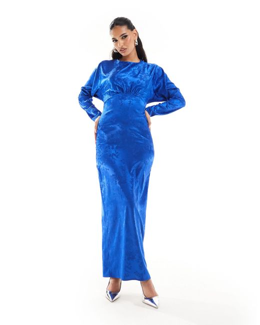 Flounce London Blue Satin Maxi Dress With Kimono Sleeve