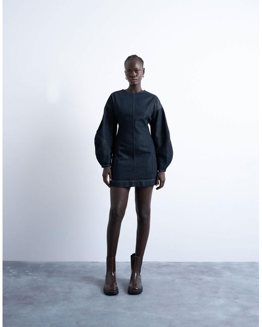 TOPSHOP Blue Denim Mini Dress With Ovoid Sleeve