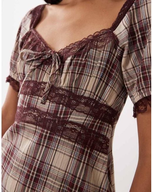 New Look Brown Lace Trim Puff Sleeve Mini Dress