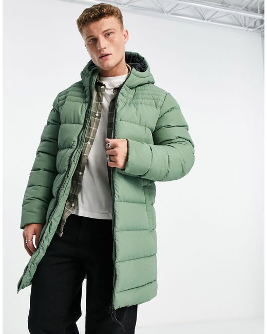 Threadbare Longline Puffer Jacket With Hood in Green for Men | Lyst