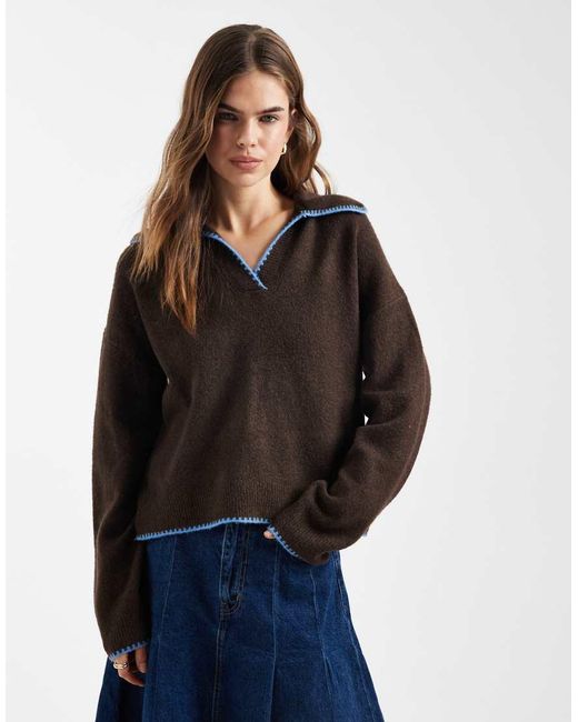 ONLY Blue Contrast Stitch Knitted Polo