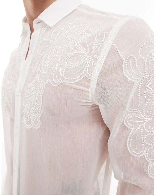 ASOS White Sheer Shirt With Floral Embroidery for men