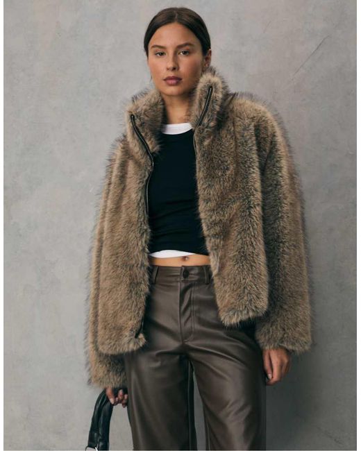 Stradivarius Gray Faux Fur Jacket With High Neck