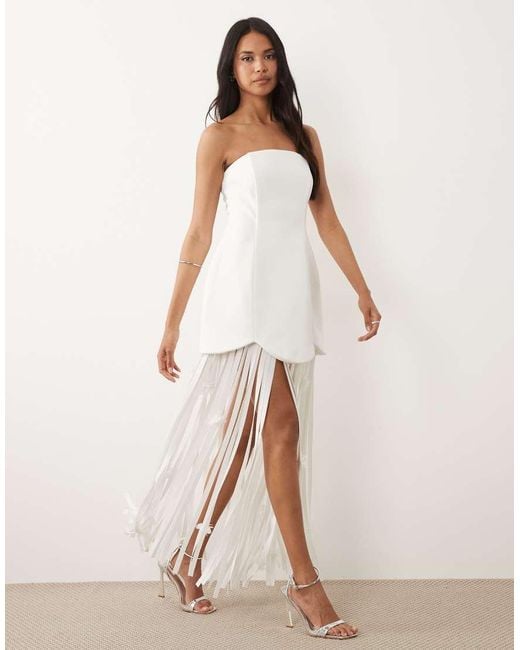 ASOS Natural Bandeau Dress With Fringe Skirt Detail