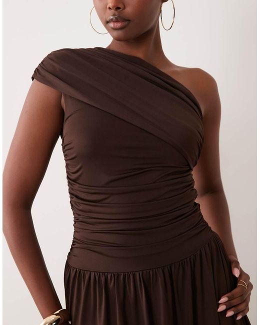 Y.A.S Brown Draping One Shoulder Maxi Dress