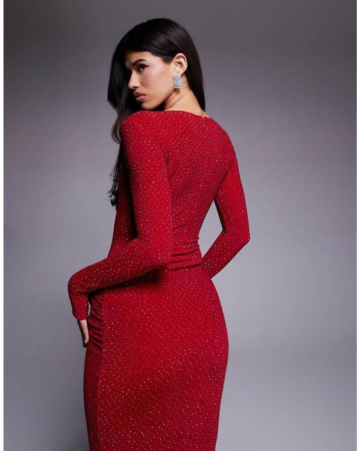 Wanderdoll Red Nara Sculpted Hotfix Slash Neck Bodysuit Co-Ord