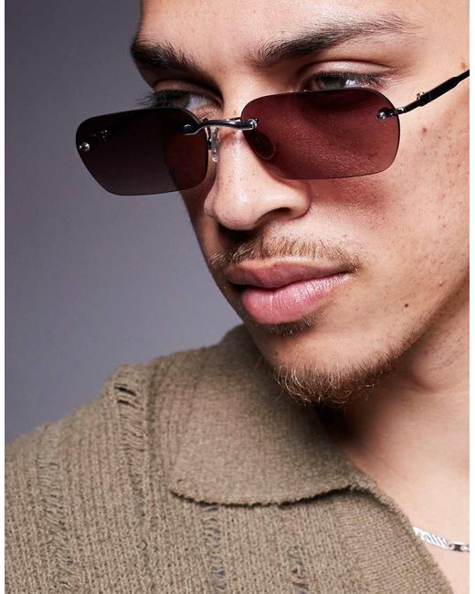 ASOS Brown Rimless Sunglasses With Burgundy Ombre Lens And Metal Frame for men