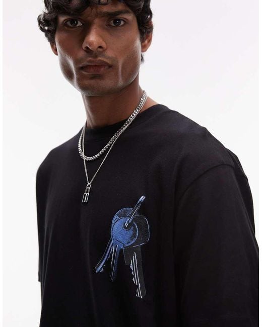 Camiseta Negra Extragrande Con Estampado De Parche De Llaves En La Parte Delantera Y Trasera De Topman de hombre de color Blue