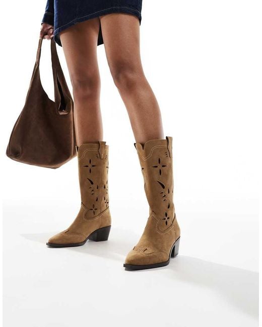 Stradivarius Brown Heeled Leather Cowboy Boot With Cut Outs