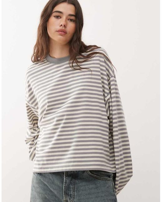 Lioness Gray Bloom Cotton Blend Long Sleeve Crew Neck Boxy T-shirt