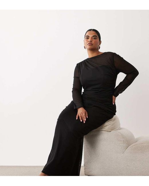 Tfnc Plus Black Mesh Overlay Jersey Long Sleeve Maxi Dress