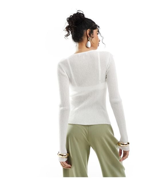 & Other Stories White Sheer Knitted V Neck Long Sleeve Top