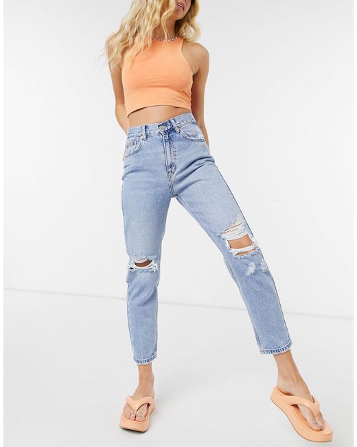 Pull&Bear Blue Mom Jeans With Rips