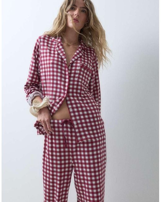 Loungeable Red Camp Collar Button Up Shirt And Pants Pajama Set