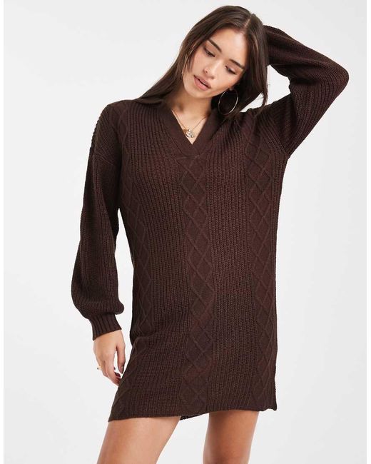 Wednesday's Girl Gray V-neck Collared Sweater Dress