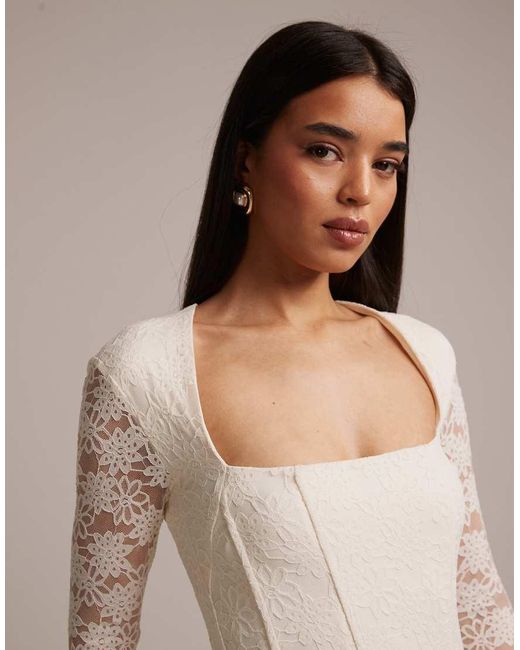 Wanderdoll Natural Wander Doll Juliette Bridal Square Neck Corset Detail Bow Tie Sleeve Lace Maxi Dress