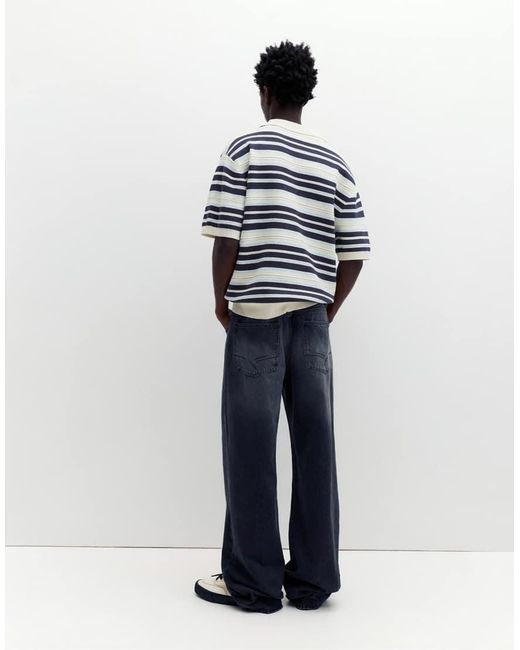 Pull&Bear Blue Stwd Striped Knit Polo Shirt for men