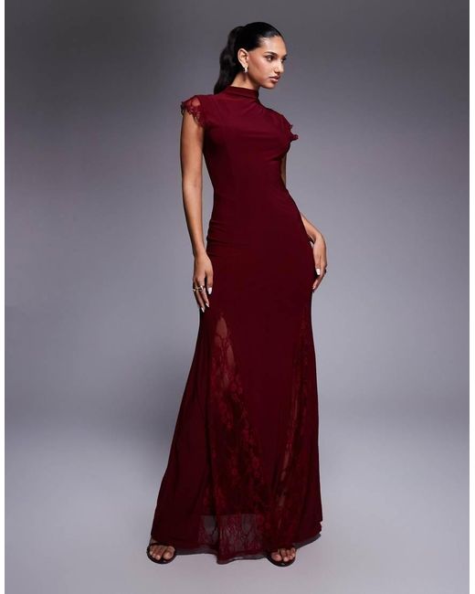ASOS Purple High Neck Cap Sleeve Maxi Dress With Lace Insert Detailing