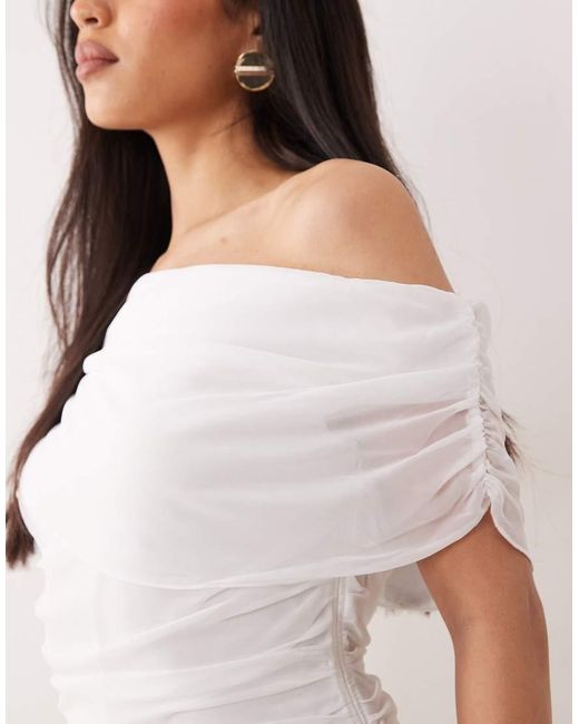 Fashionkilla White Exclusive Chiffon Off Shoulder Asymmetric Hem Gathered Mini Dress