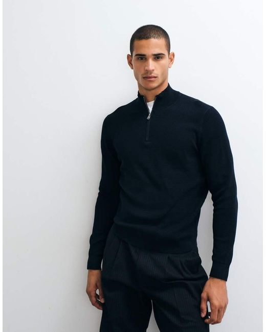Mango Blue Cotton Rich Knitted Quarter Zip Jumper for men