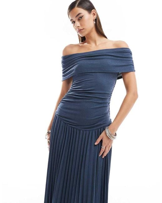 Lioness Blue Knit Ruched Bardot Drop Waist Pleated Maxi Dress