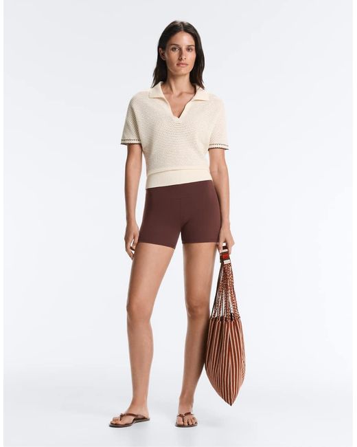 Oysho White Cotton Blend Openwork Knit Polo