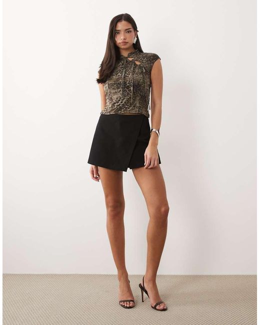 ASOS Black Printed Mesh Capped Sleeve Tie Detail Top