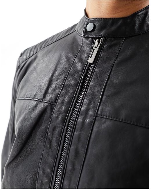 Only & Sons Black Faux Leather Racer Jacket for men
