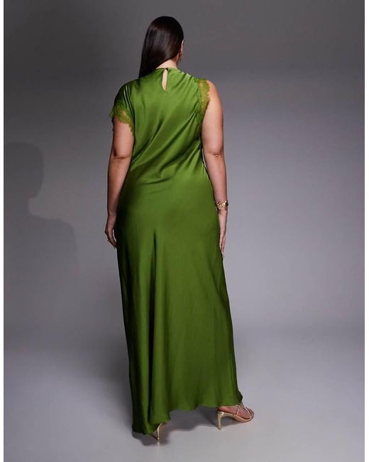 Forever New Green Satin And Lace Asymmetric Shoulder Maxi Dress