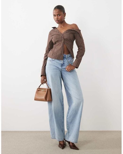 The Frolic Brown Exclusive Asymmetric Off Shoulder Detail Split Front Flare Sleeve Shirt