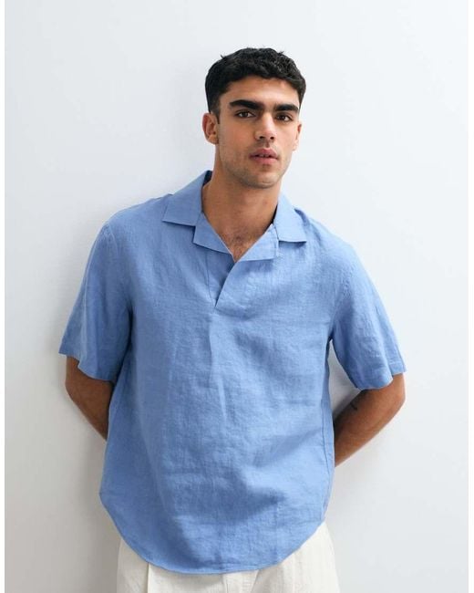 Mango Blue 100% Linen Short Sleeve Shirt for men