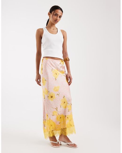 Never Fully Dressed Metallic Maeva Satin Maxi Skirt With Lace Trim Hem