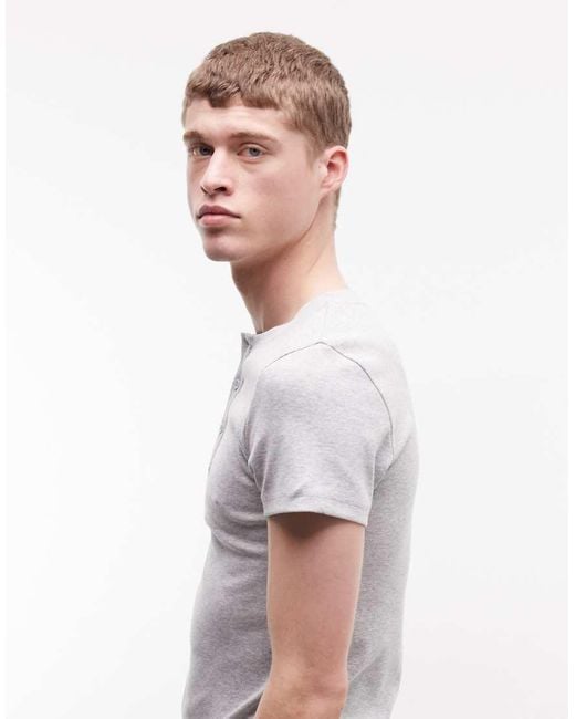 Collusion Gray Rib Muscle Short Sleeve Henley T-Shirt Top for men