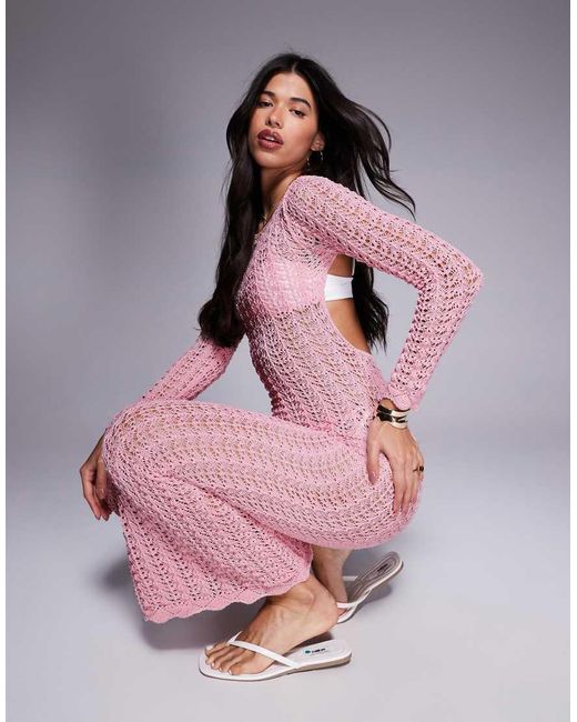 Missy Empire Purple Beach Crochet Knit Open Back Maxi Dress