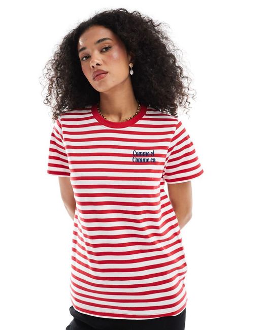 T-Shirt Rossa E Bianca A Righe Con Scritta Ricamata di French Connection in Red