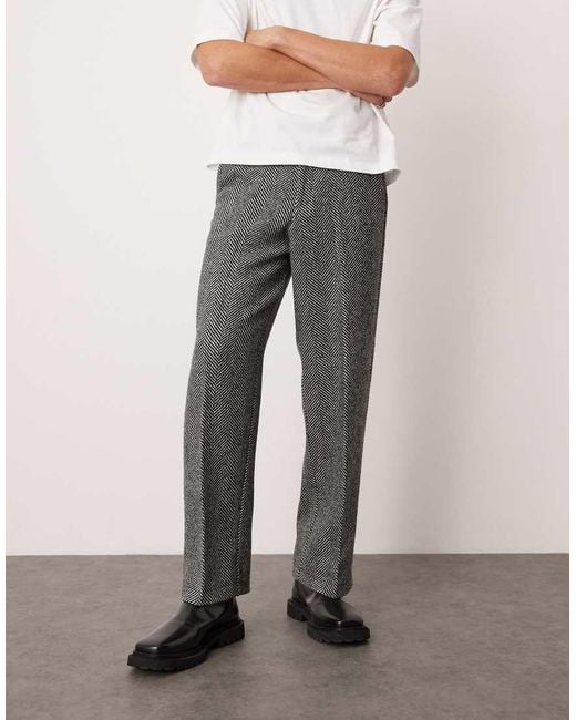 ASOS Black Smart Wide Leg Wool Blend Herringbone Trousers for men