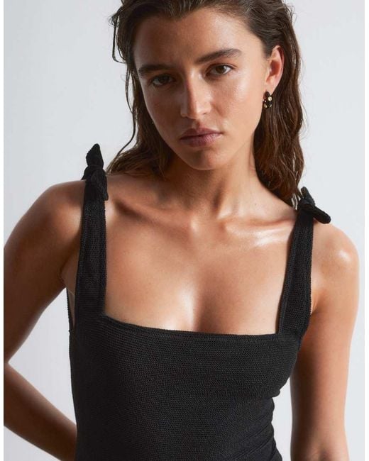 & Other Stories Black Crinkle Swimsuit With Knot Detail