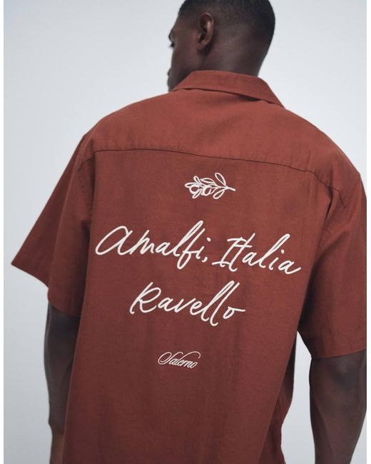 ASOS Red Oversized Revere Linen Blend Shirt With Back And Chest Embroidery for men