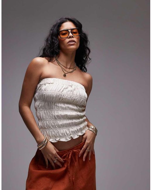 TOPSHOP Brown Shirred Linen Mix Bandeau