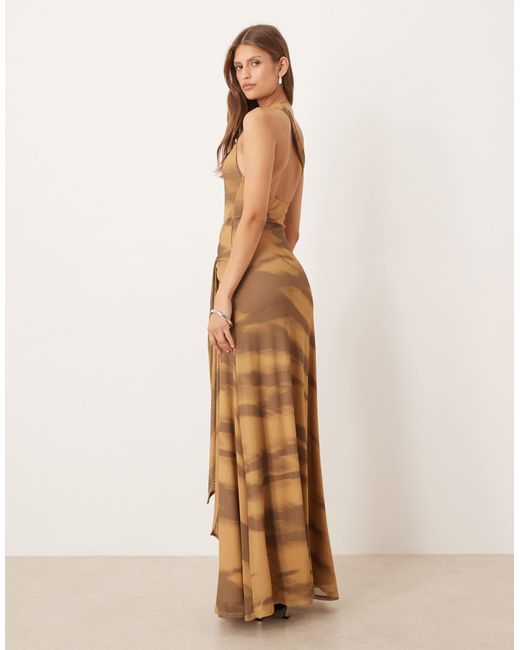 ASOS Brown Printed Mesh With Draped Sash & Belt Maxi Dress