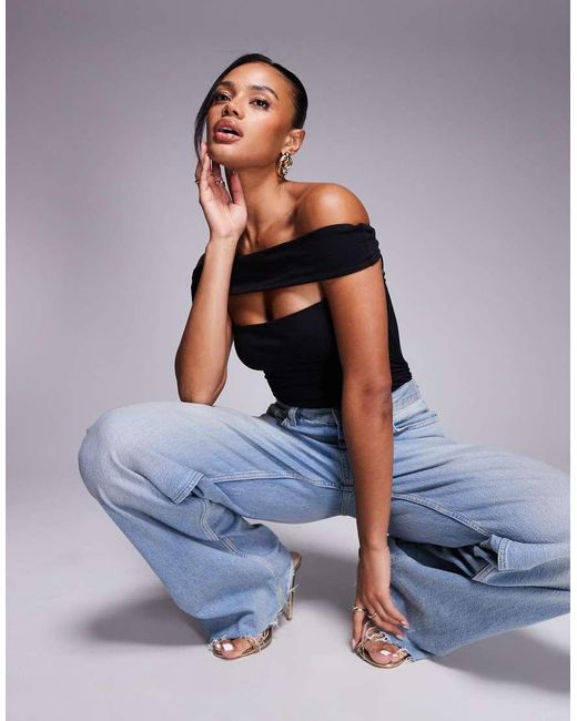 Oh Polly Gray Lida Off Shoulder Cut-Out Bodysuit