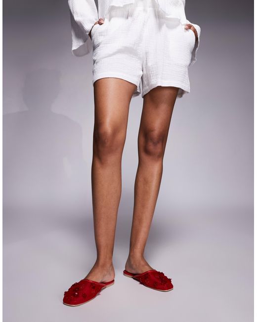 Public Desire Red Clarkie Embellished Slip On Mules