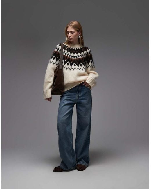 & Other Stories Gray Mohair And Wool Blend Fair Isle Style Knit Sweater With Brown Jacquard Zig Zack Pattern