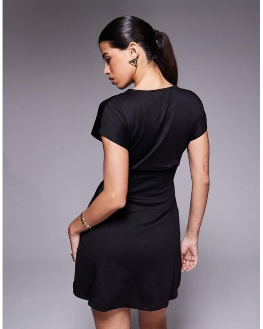 ASOS Black Short Sleeve Plunge Seam Detail Mini Dress