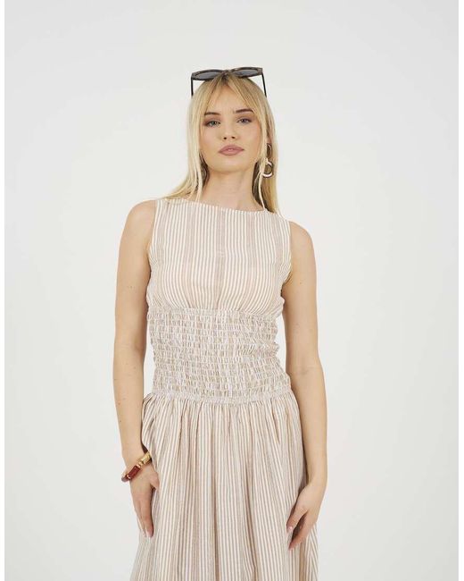 Brave Soul Natural Striped Sleeveless Smock Midi Dress