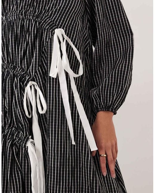 Ghospell Black Cotton Rich Ruched Bow Detail Midi Dress