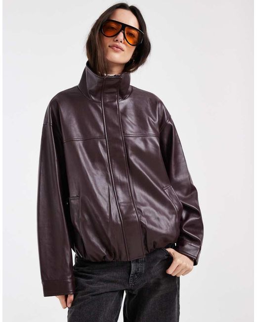 ASOS Purple Clean Leather Look Funnel Track Bomber Jacket