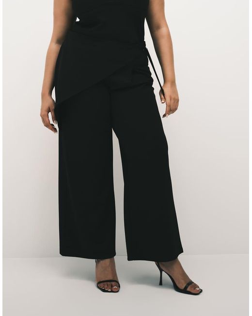 ASOS Black Asos Design Curve Slinky Twill Tailored Wide Leg Trouser With Skirt Wrap Detail
