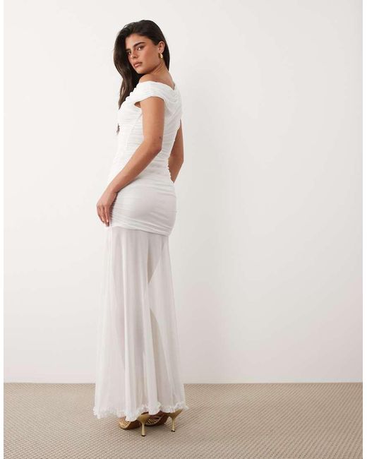 TFNC London White Mesh Asymmetric Off Shoulder Ruched Sheer Hem Maxi Dress