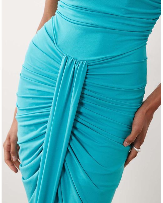 TFNC London Blue Slinky Bandeau Ruched Front Split Maxi Dress